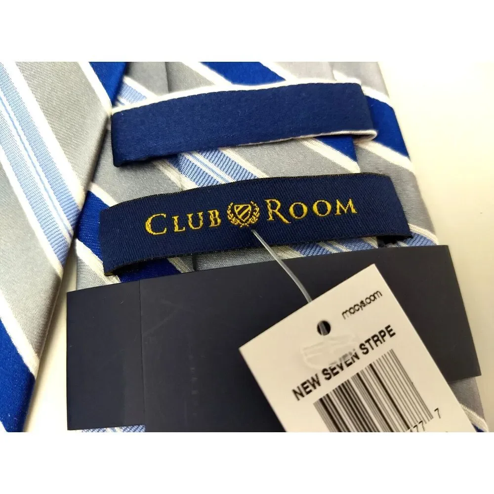 CLUB‎ ROOM 100% Silk Tie Estate Neckwear Seven Stripe Blue White Silver NWT